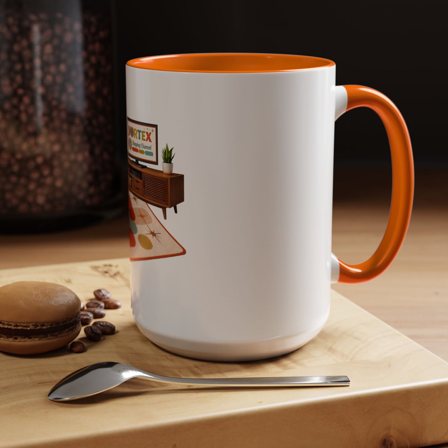 Retro Living Room Accent Coffee Mug — 'VORTEX Streaming Channel' Mid-Century Design (11/15oz)