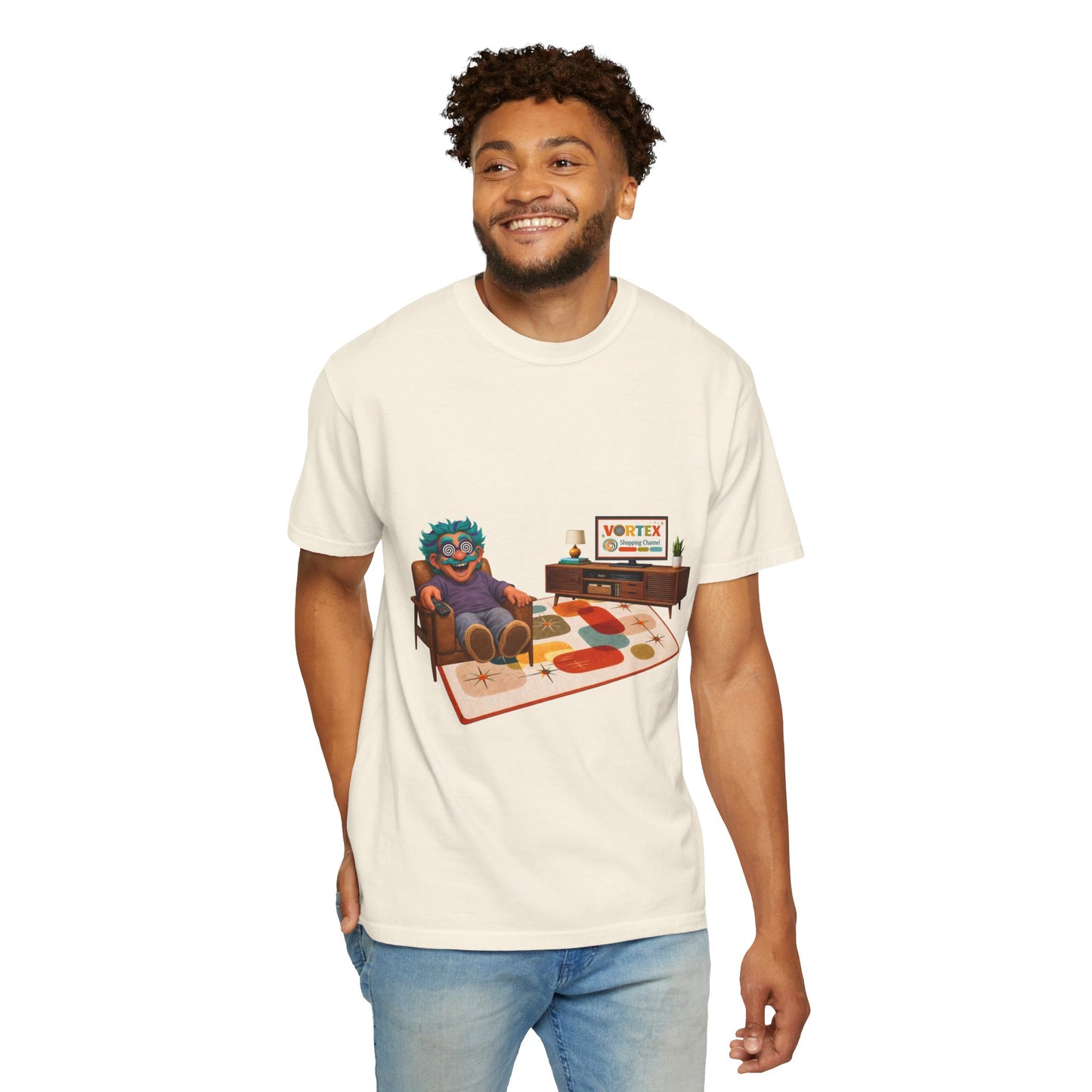 Vintage Living Room Graphic T-Shirt — 'VORTEX' Retro Gamer Chill Tee