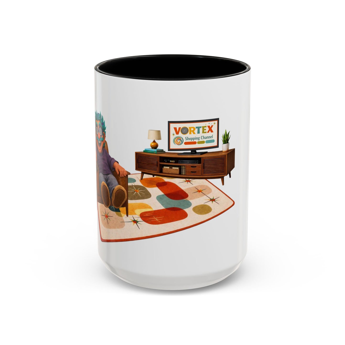 Retro Living Room Accent Coffee Mug — 'VORTEX Streaming Channel' Mid-Century Design (11/15oz)