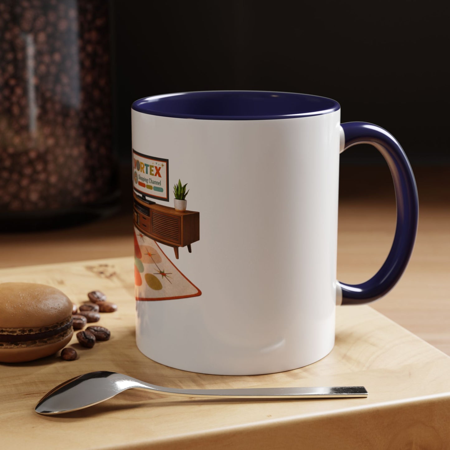 Retro Living Room Accent Coffee Mug — 'VORTEX Streaming Channel' Mid-Century Design (11/15oz)
