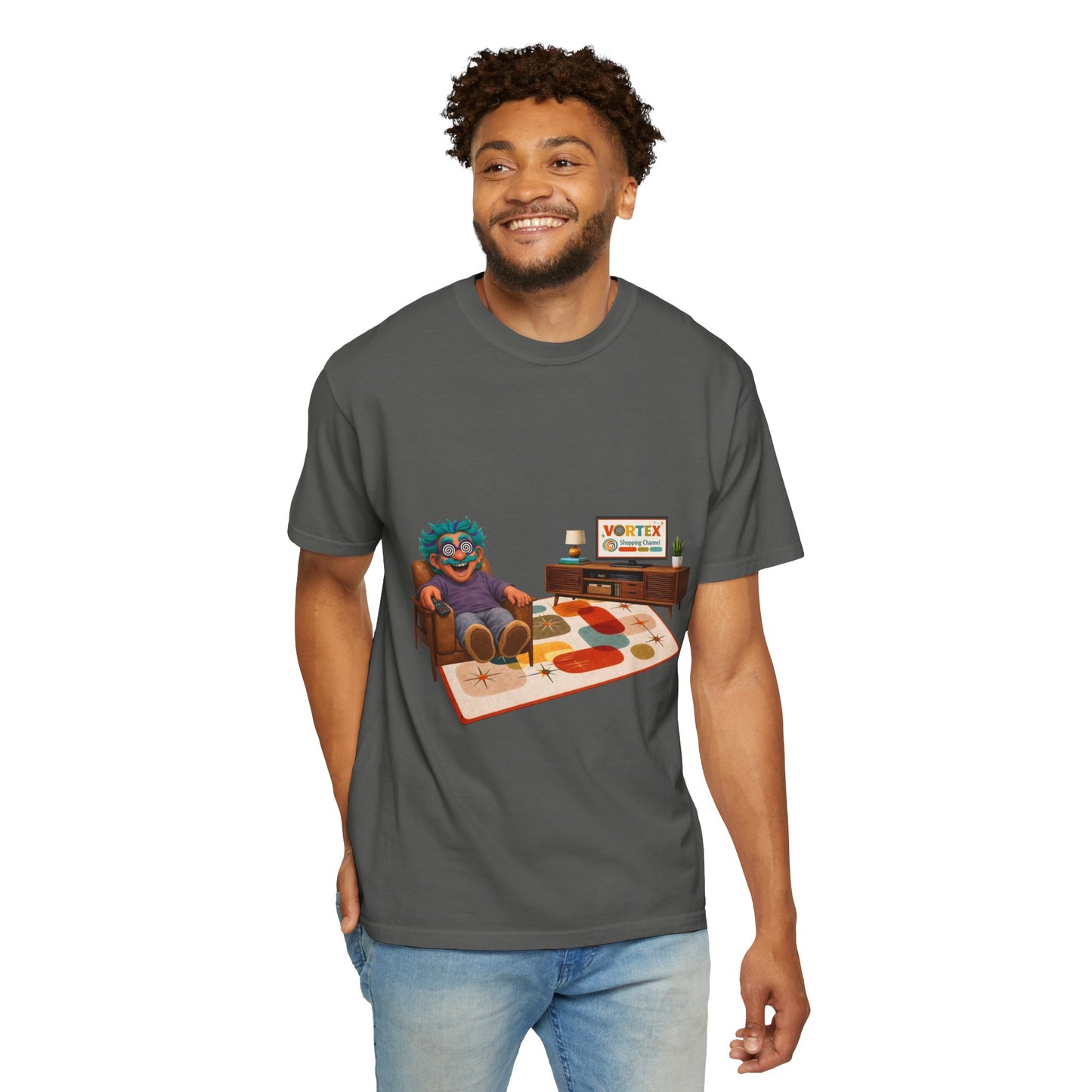 Vintage Living Room Graphic T-Shirt — 'VORTEX' Retro Gamer Chill Tee