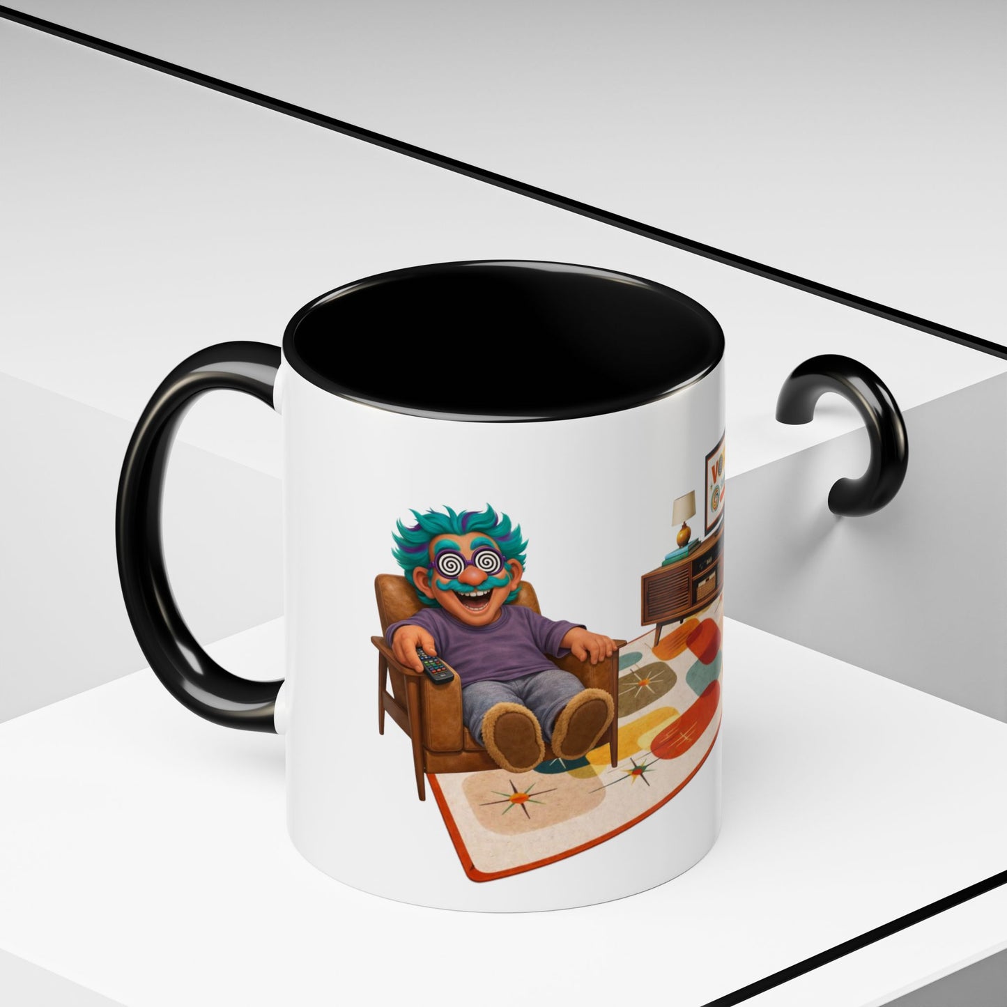 Retro Living Room Accent Coffee Mug — 'VORTEX Streaming Channel' Mid-Century Design (11/15oz)