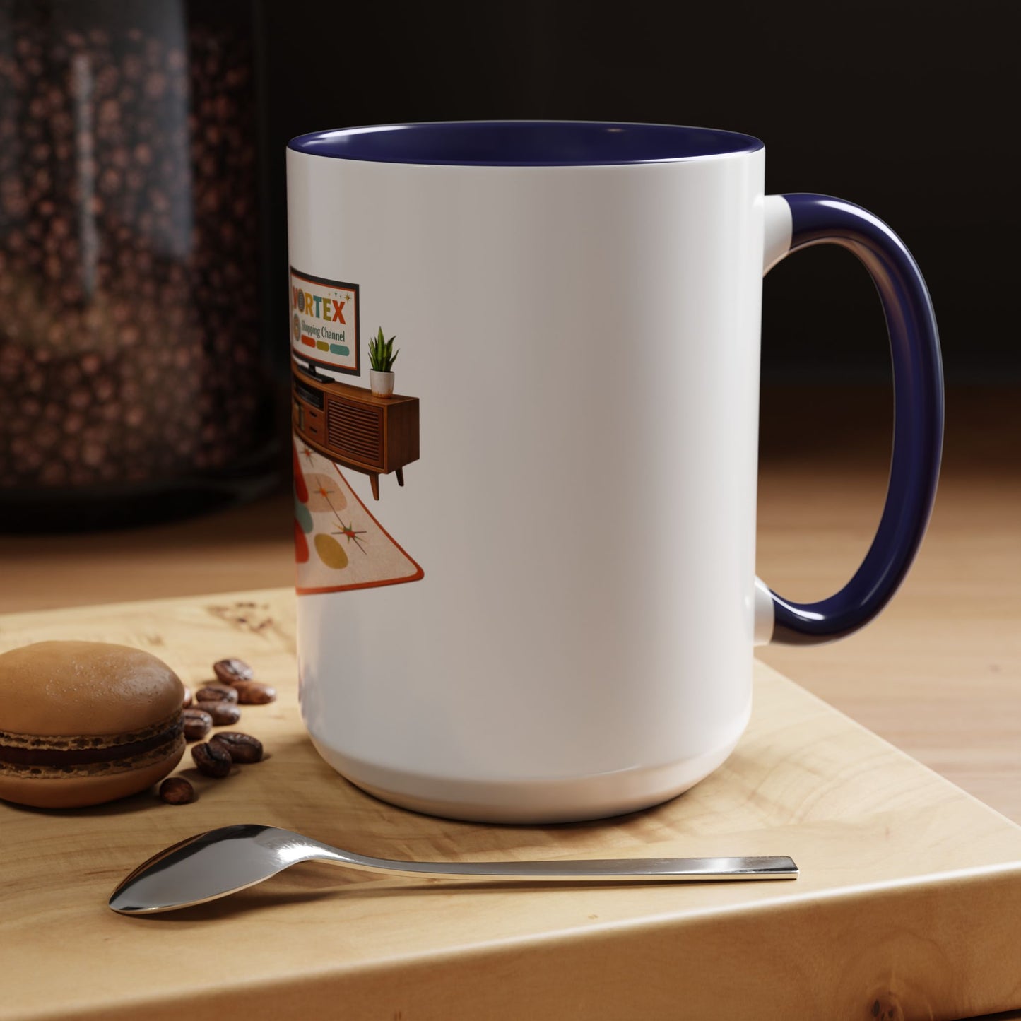 Retro Living Room Accent Coffee Mug — 'VORTEX Streaming Channel' Mid-Century Design (11/15oz)