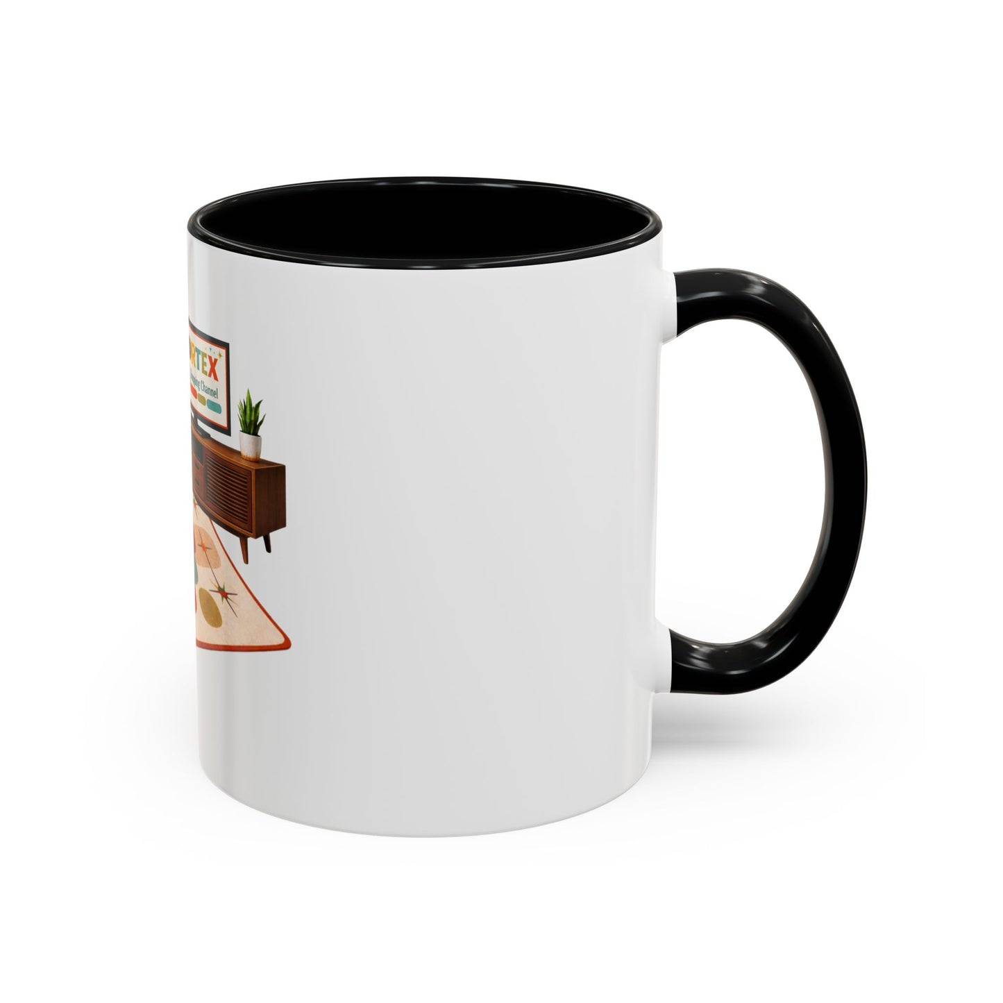 Retro Living Room Accent Coffee Mug — 'VORTEX Streaming Channel' Mid-Century Design (11/15oz)