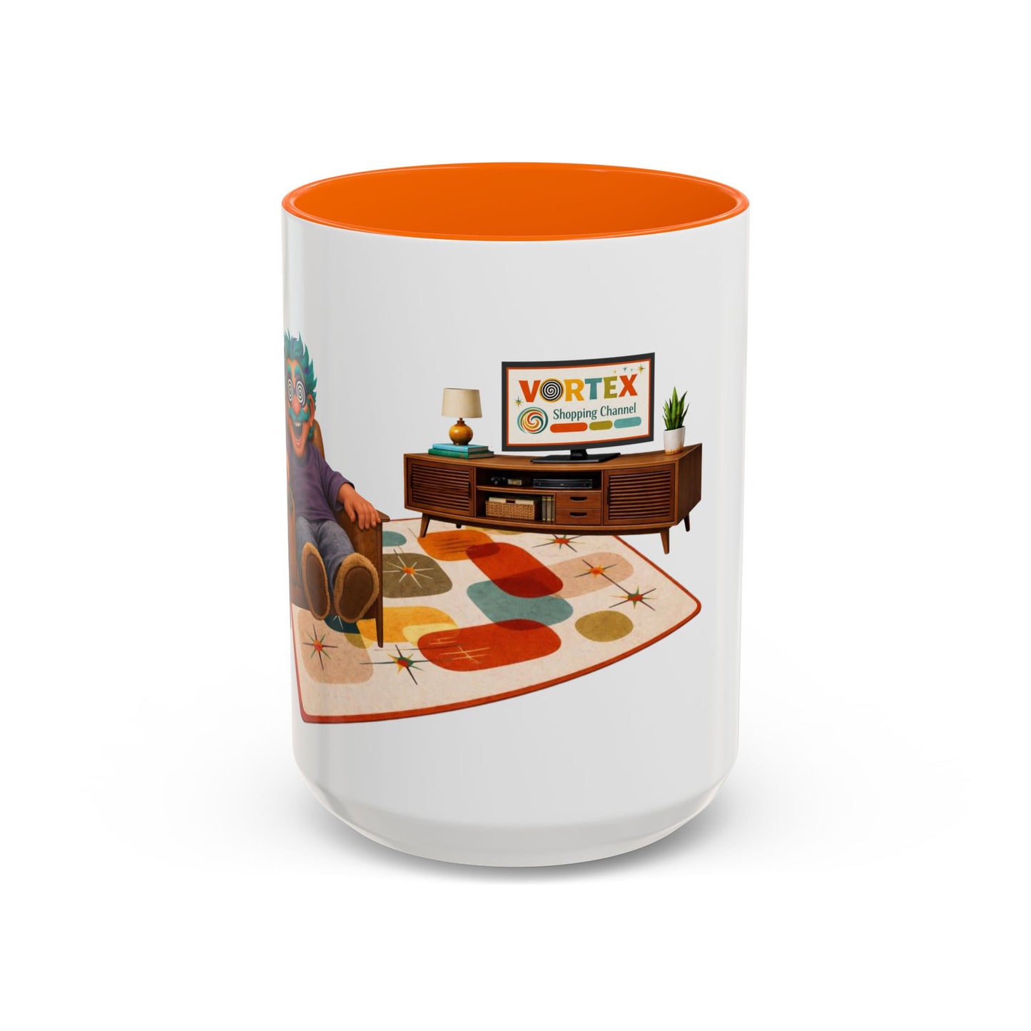 Retro Living Room Accent Coffee Mug — 'VORTEX Streaming Channel' Mid-Century Design (11/15oz)