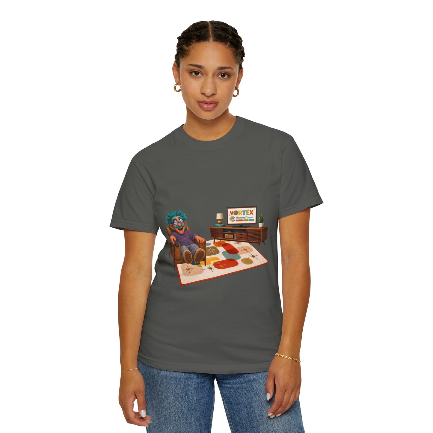 Vintage Living Room Graphic T-Shirt — 'VORTEX' Retro Gamer Chill Tee