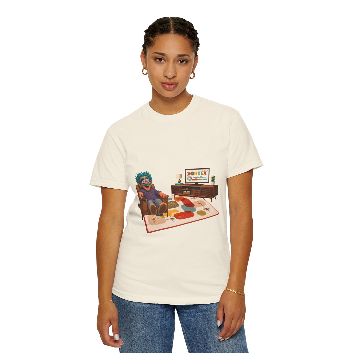 Vintage Living Room Graphic T-Shirt — 'VORTEX' Retro Gamer Chill Tee