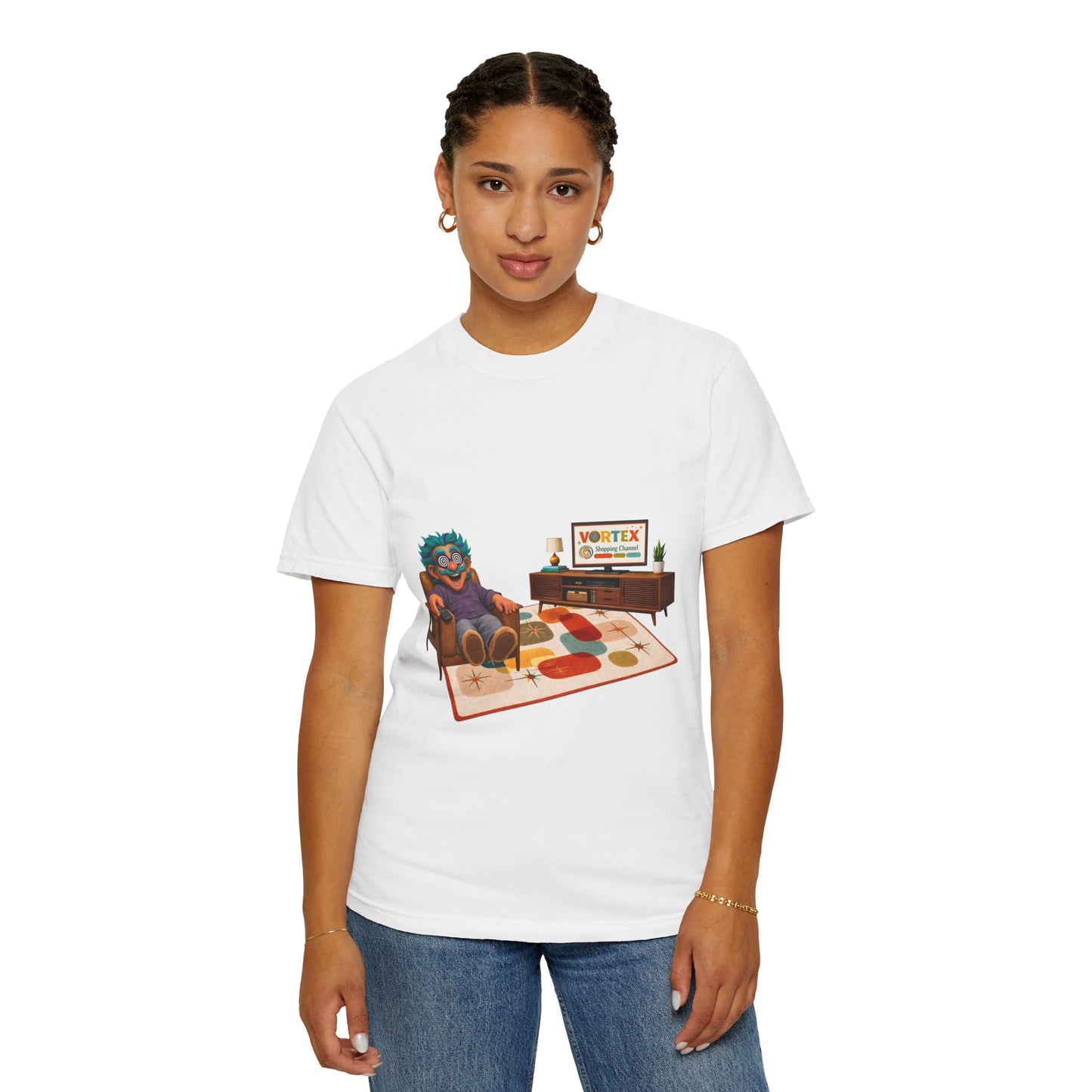 Vintage Living Room Graphic T-Shirt — 'VORTEX' Retro Gamer Chill Tee