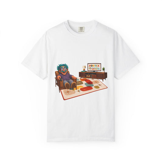 Vintage Living Room Graphic T-Shirt — 'VORTEX' Retro Gamer Chill Tee