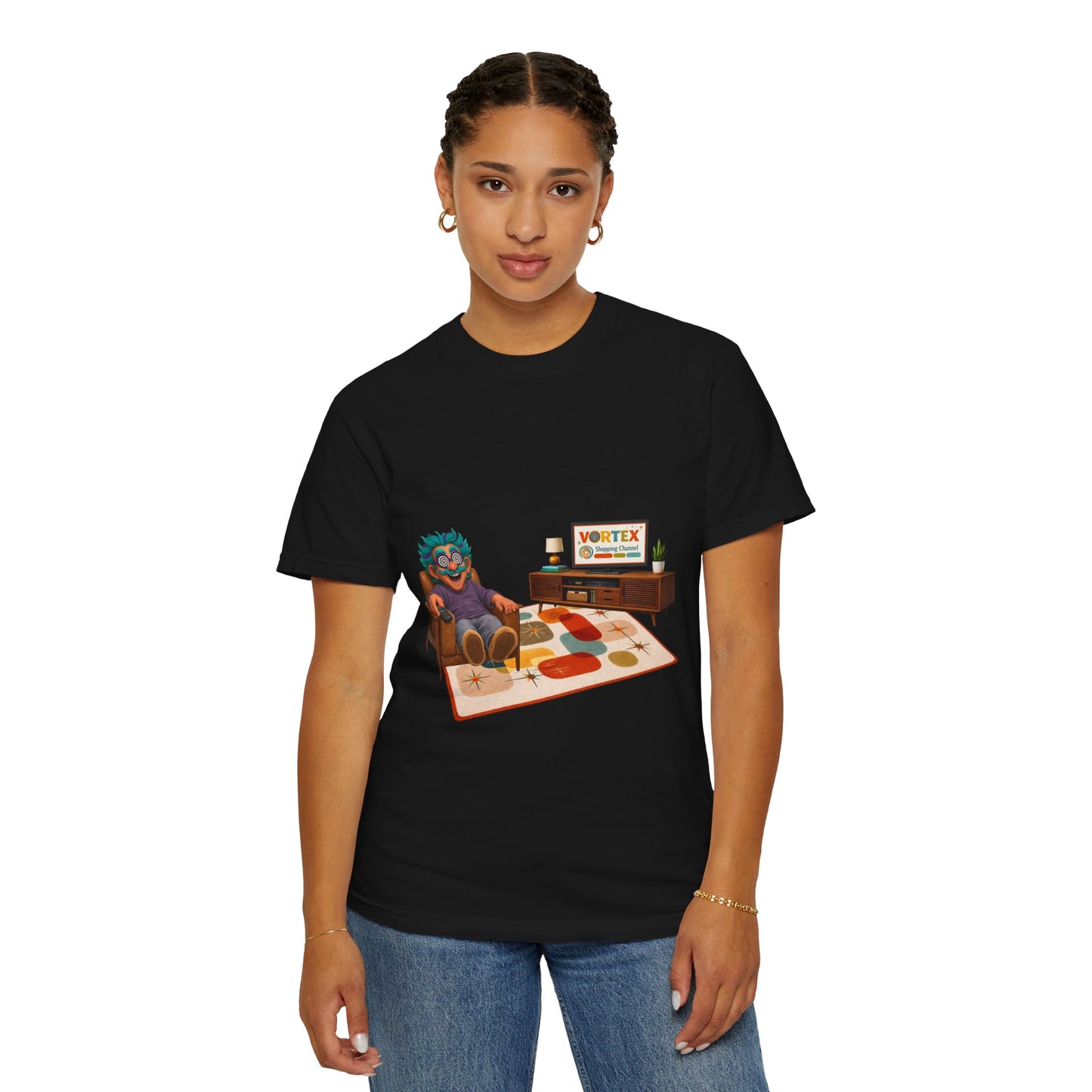 Vintage Living Room Graphic T-Shirt — 'VORTEX' Retro Gamer Chill Tee