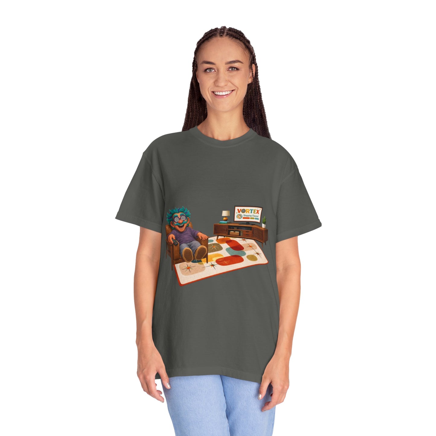 Vintage Living Room Graphic T-Shirt — 'VORTEX' Retro Gamer Chill Tee