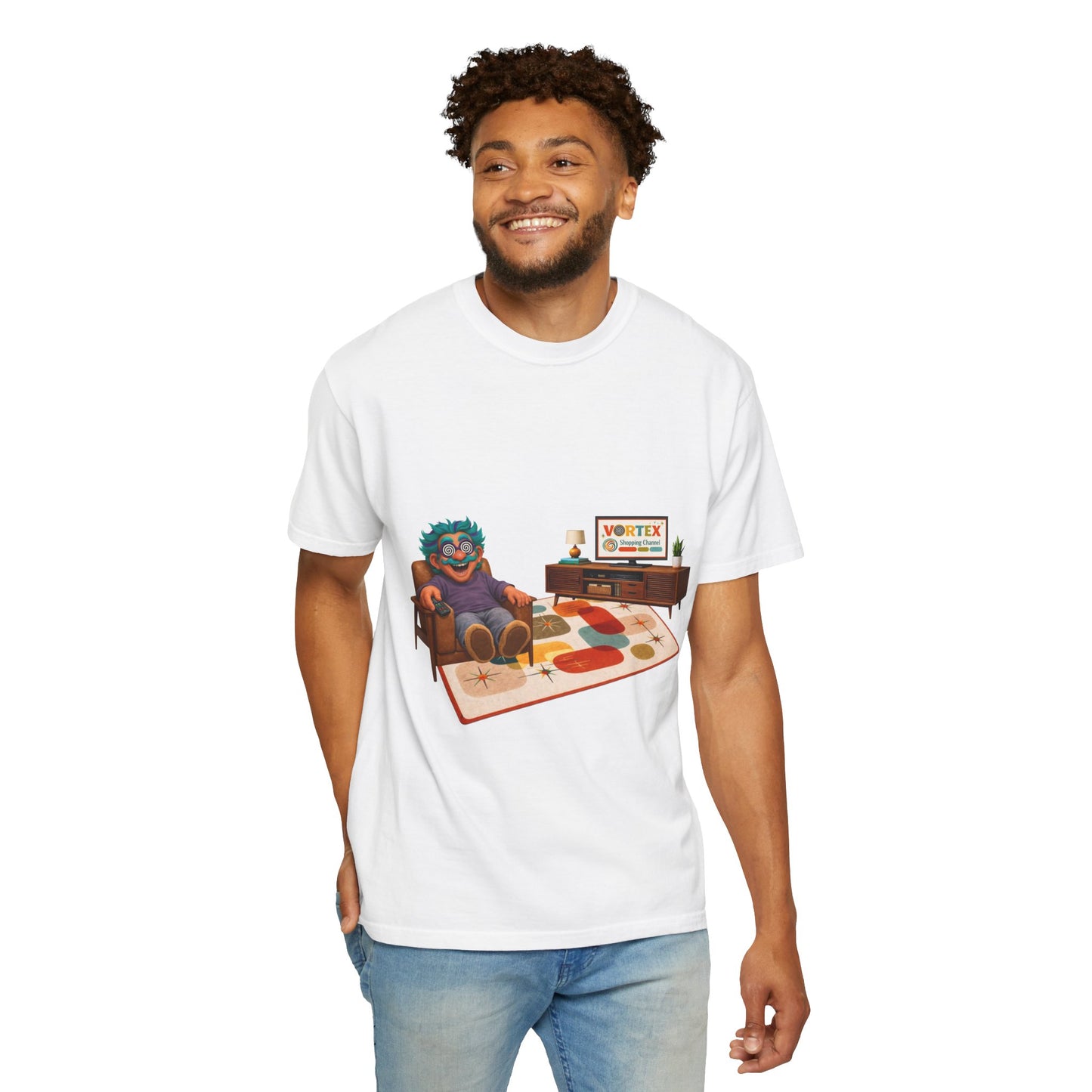 Vintage Living Room Graphic T-Shirt — 'VORTEX' Retro Gamer Chill Tee