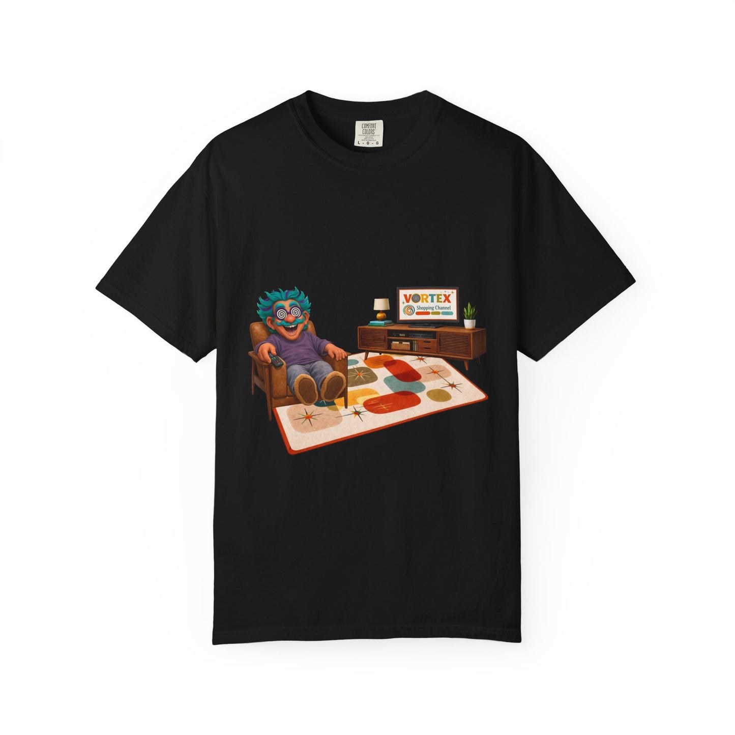 Vintage Living Room Graphic T-Shirt — 'VORTEX' Retro Gamer Chill Tee
