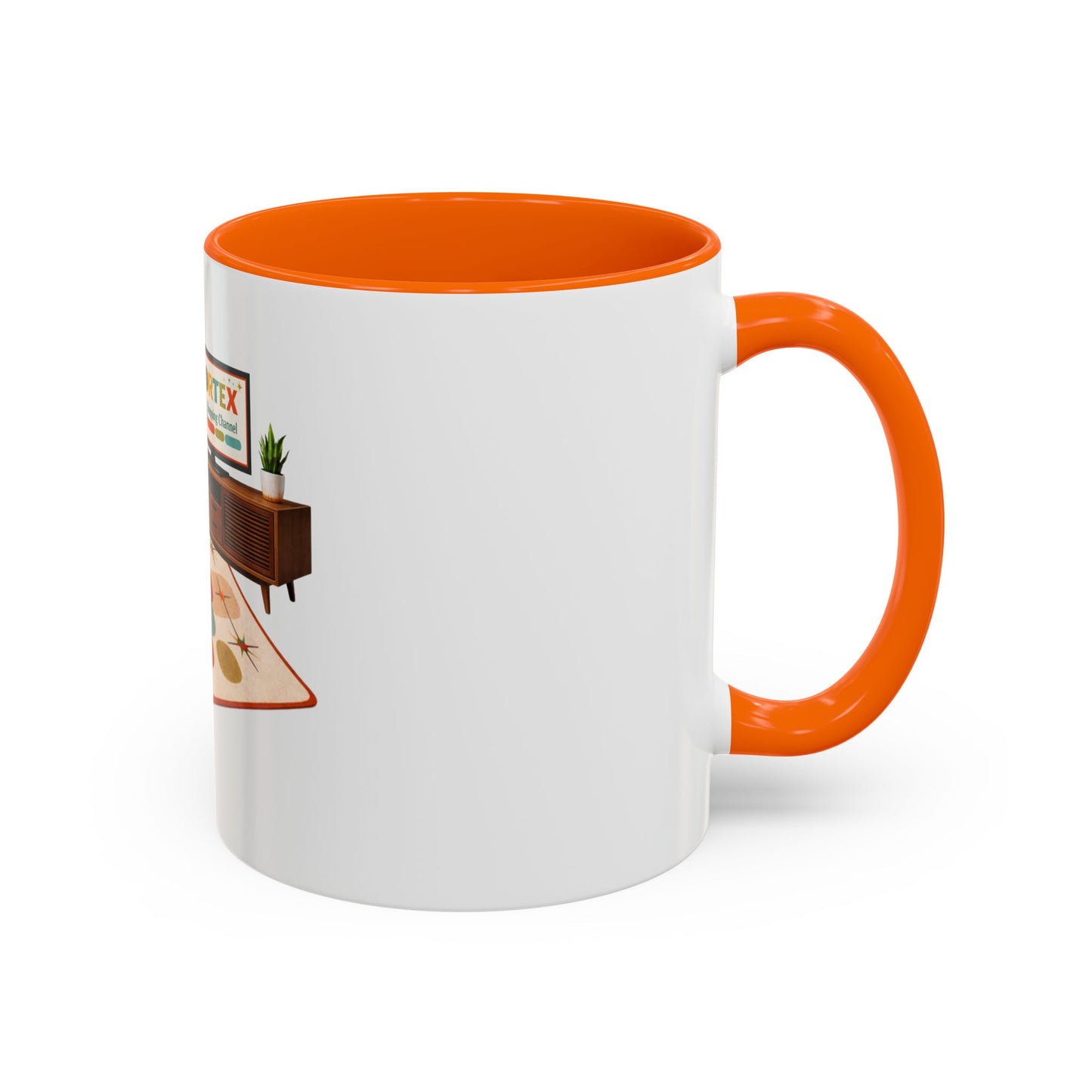 Retro Living Room Accent Coffee Mug — 'VORTEX Streaming Channel' Mid-Century Design (11/15oz)