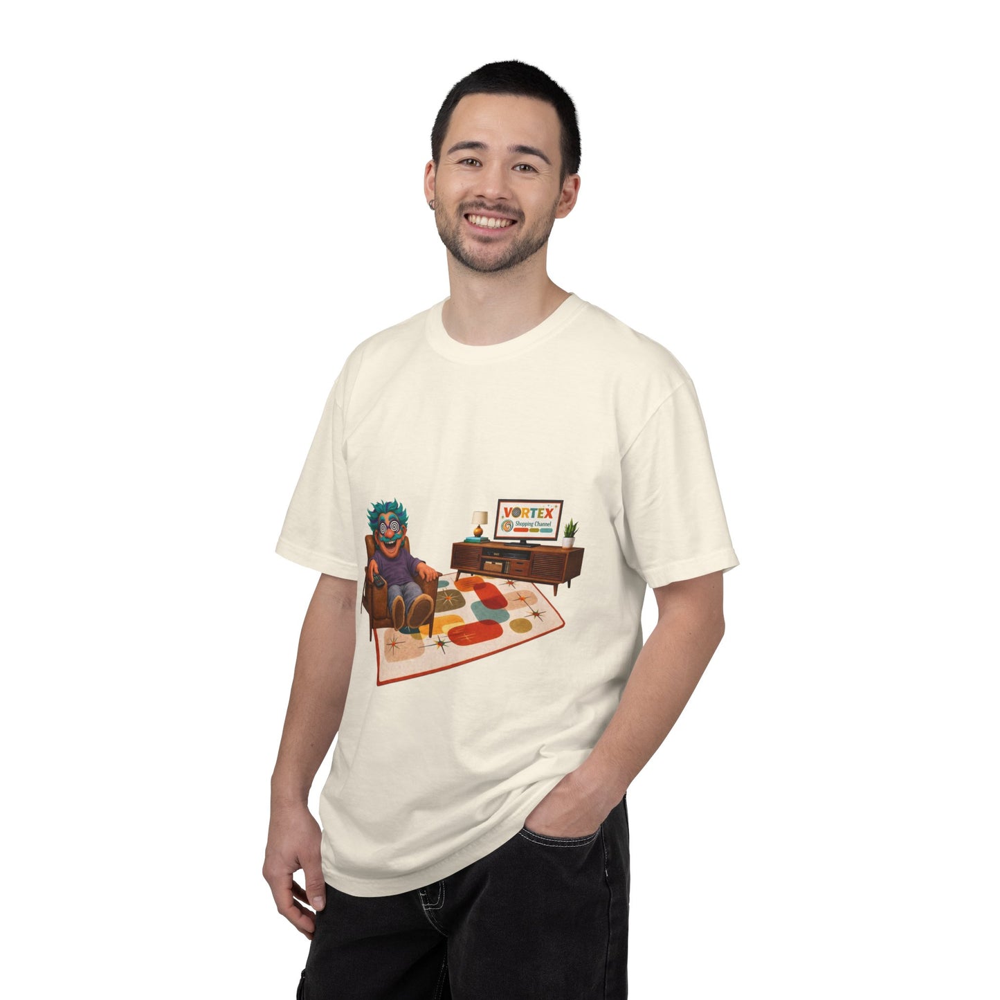 Vintage Living Room Graphic T-Shirt — 'VORTEX' Retro Gamer Chill Tee