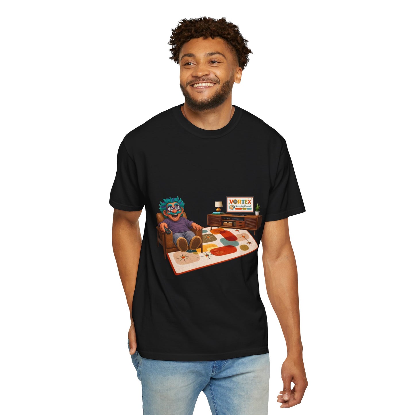 Vintage Living Room Graphic T-Shirt — 'VORTEX' Retro Gamer Chill Tee