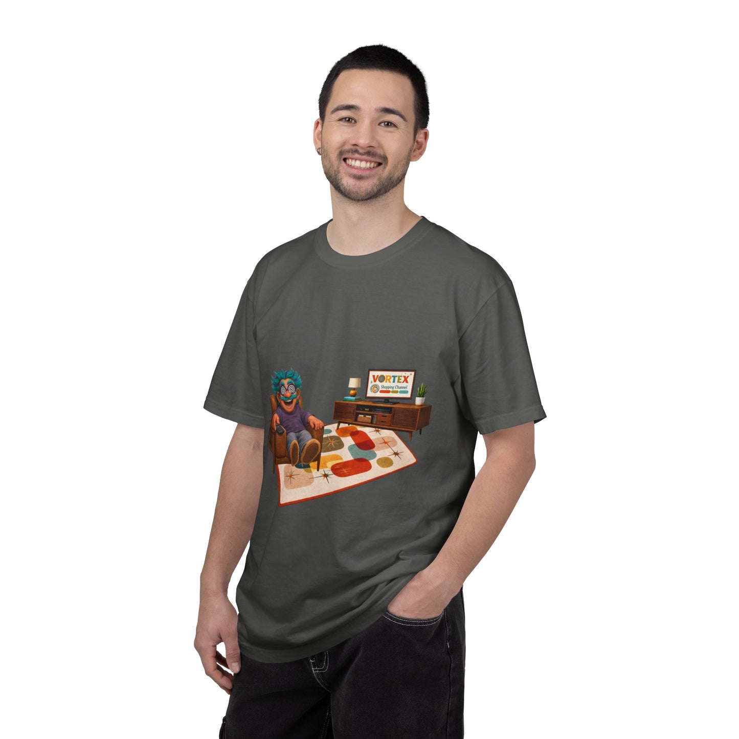 Vintage Living Room Graphic T-Shirt — 'VORTEX' Retro Gamer Chill Tee