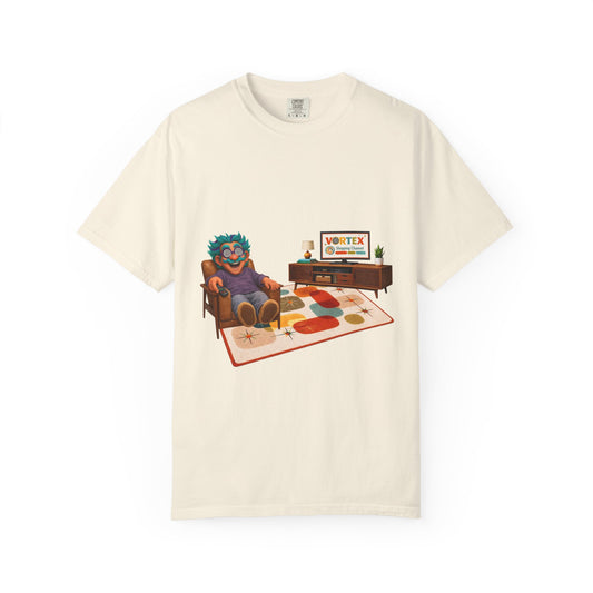 Vintage Living Room Graphic T-Shirt — 'VORTEX' Retro Gamer Chill Tee