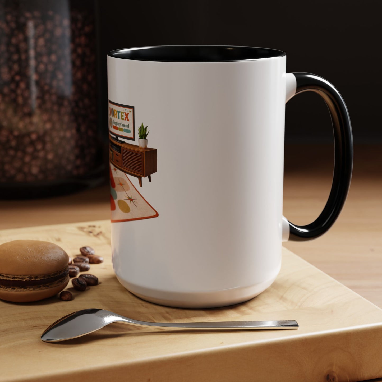 Retro Living Room Accent Coffee Mug — 'VORTEX Streaming Channel' Mid-Century Design (11/15oz)