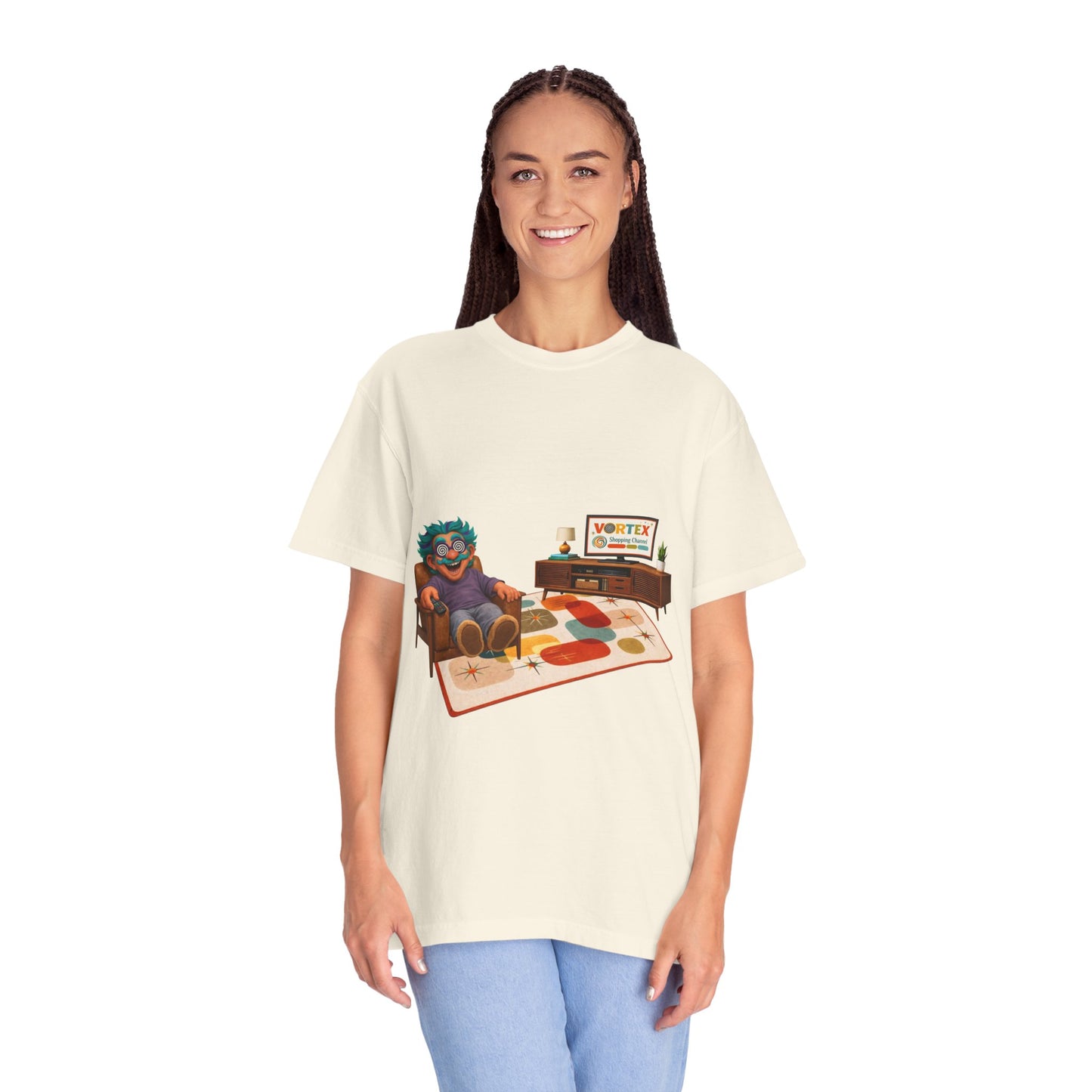 Vintage Living Room Graphic T-Shirt — 'VORTEX' Retro Gamer Chill Tee