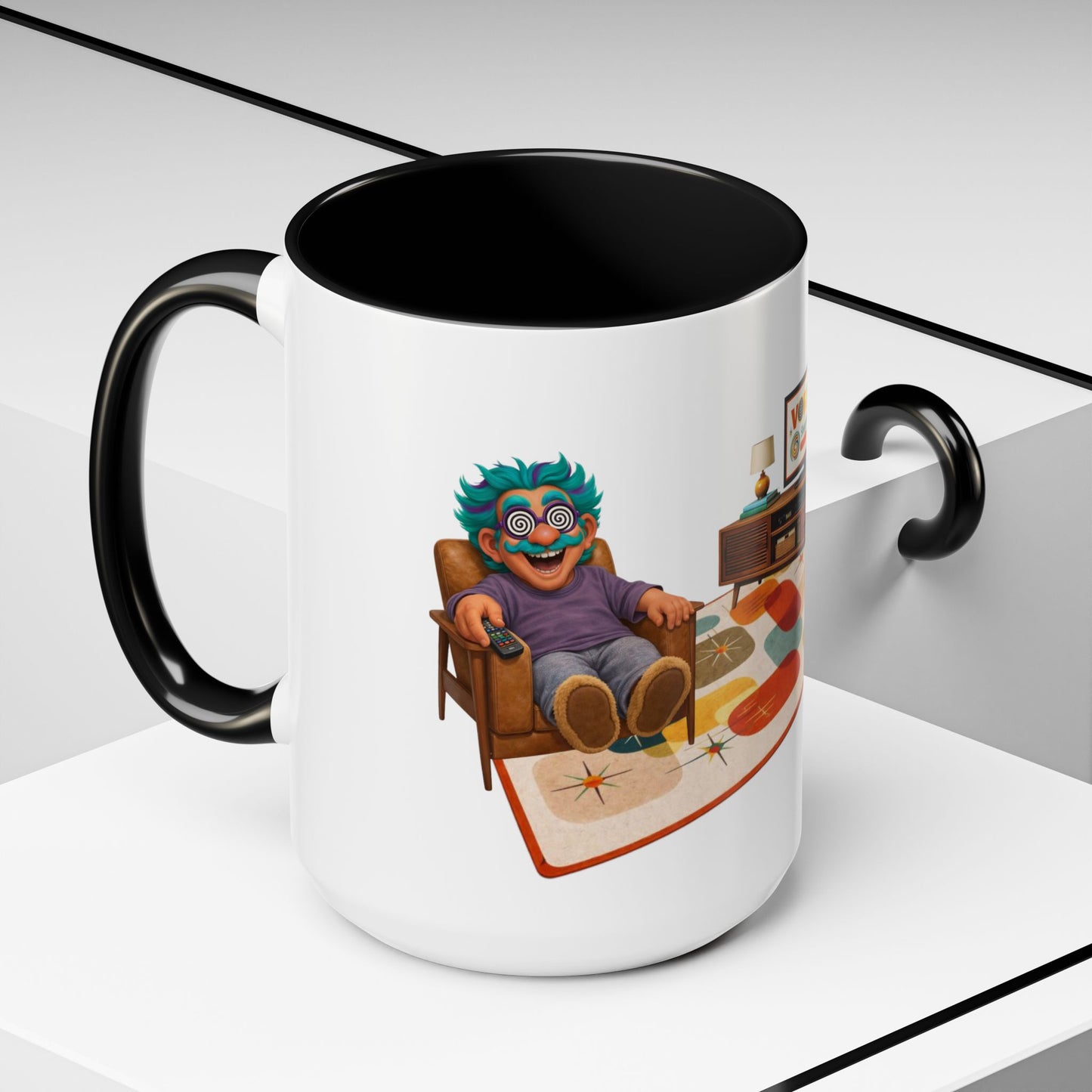 Retro Living Room Accent Coffee Mug — 'VORTEX Streaming Channel' Mid-Century Design (11/15oz)